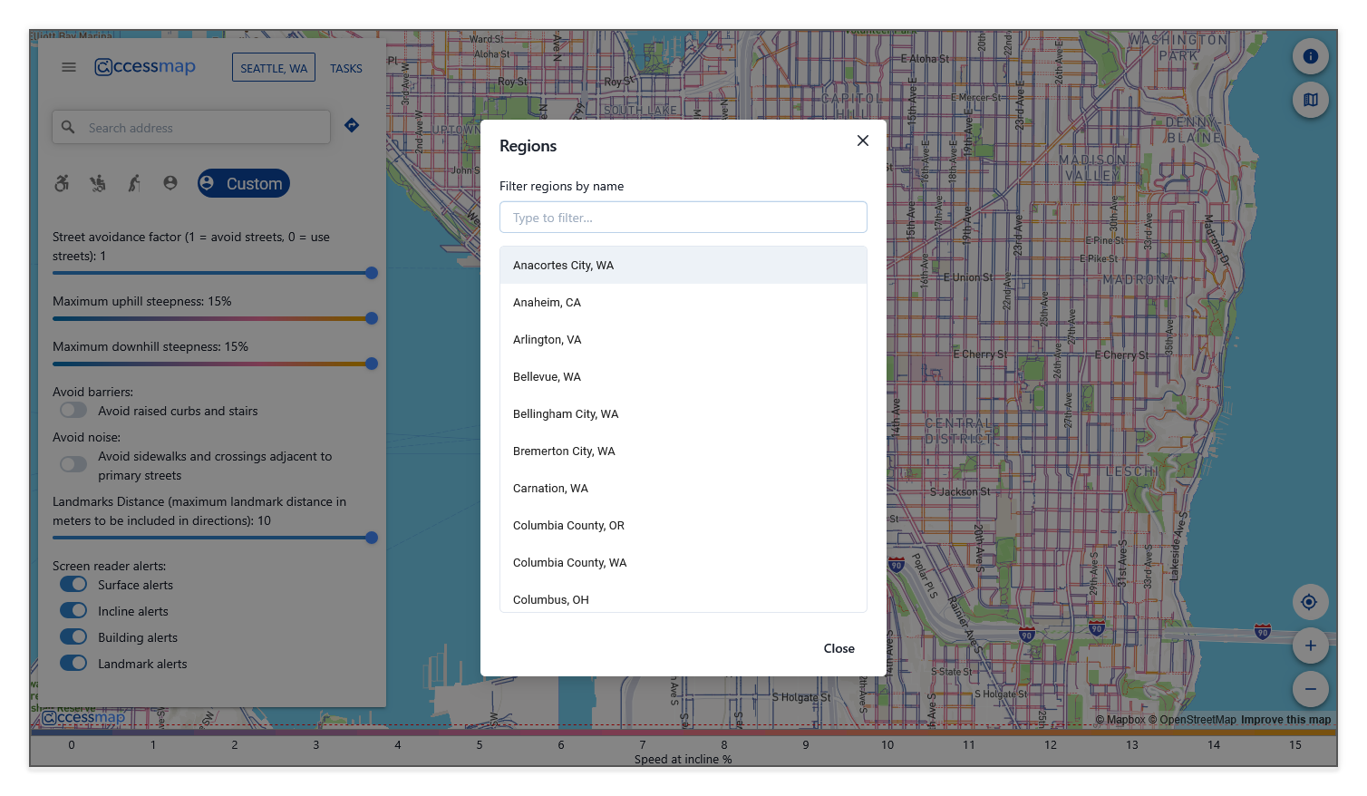 Regions dialog with filter
