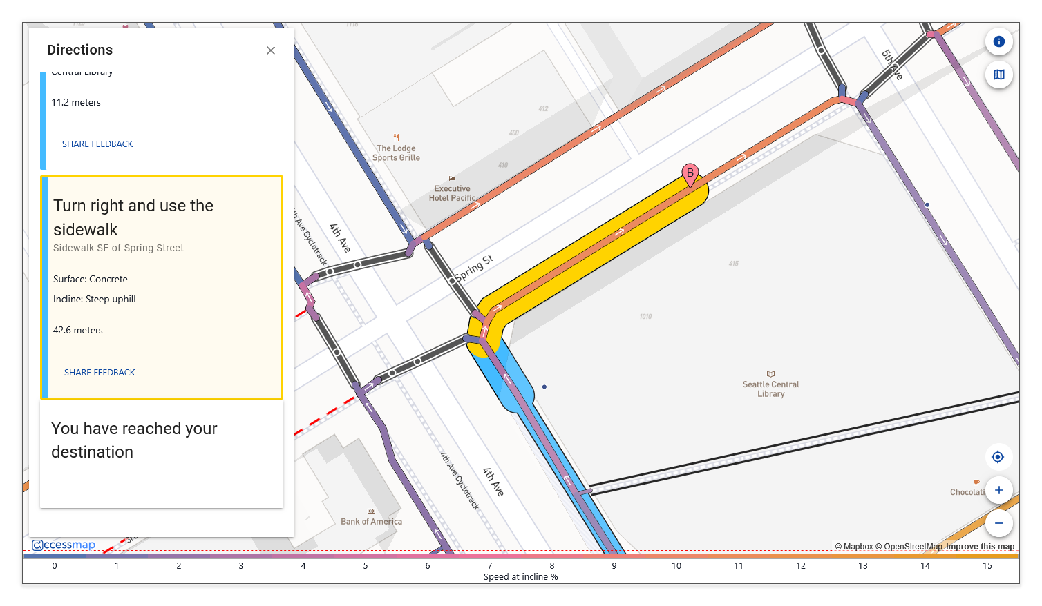 Directions panel with a card selected and map segment highlighted