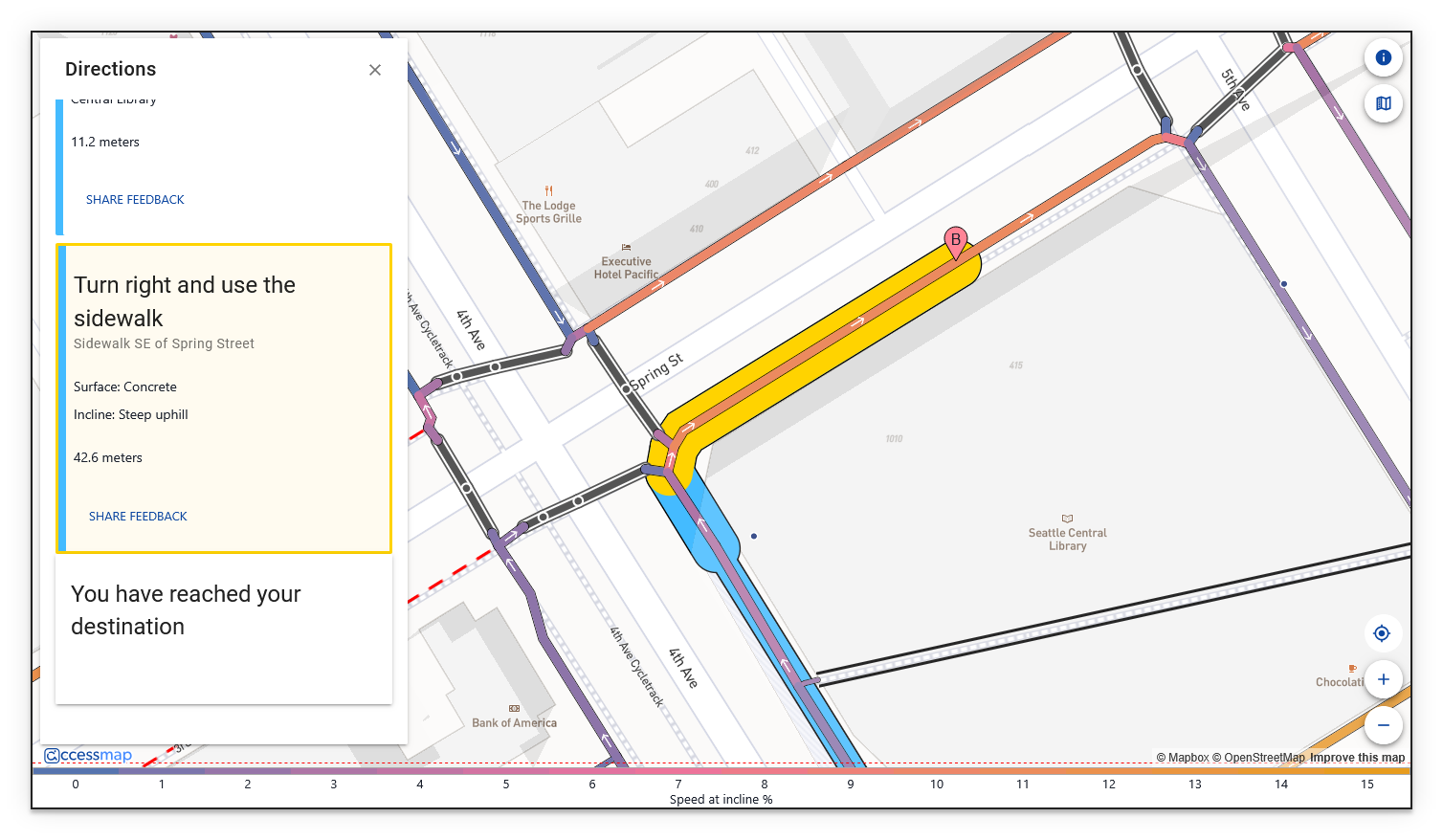 Directions panel with a card selected and map segment highlighted