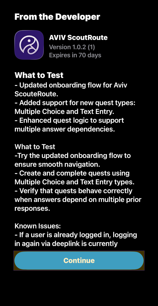 TestFlight From the Developer Continue