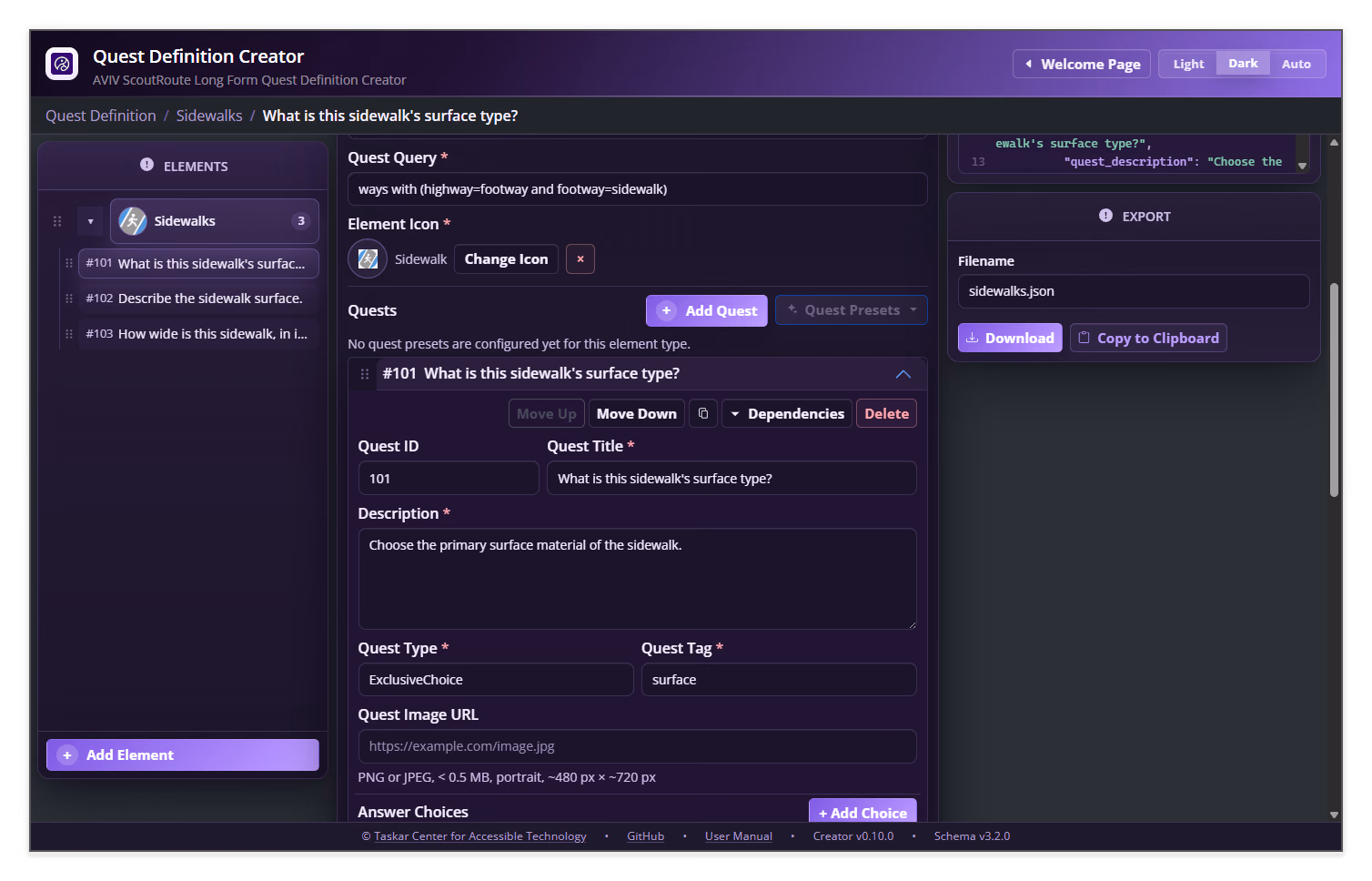 Quest Definition Creator quest editor showing Quest ID, Quest Title, Description, Quest Type, Quest Tag, and Quest Image URL