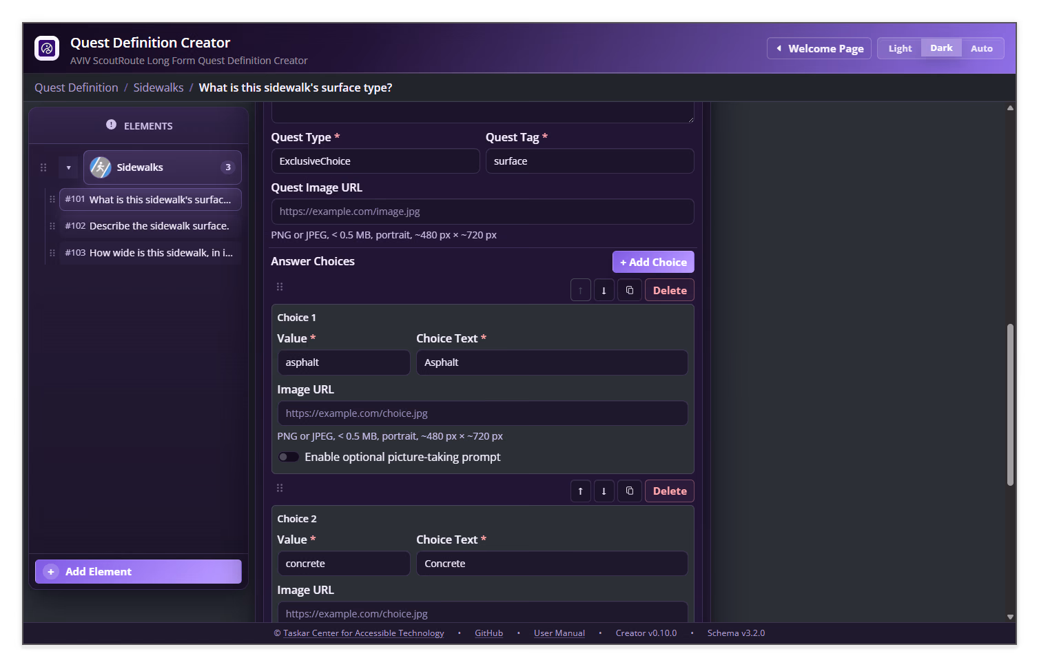 Quest Definition Creator answer-choice editor showing Value, Choice Text, Image URL, and the optional picture-taking prompt
