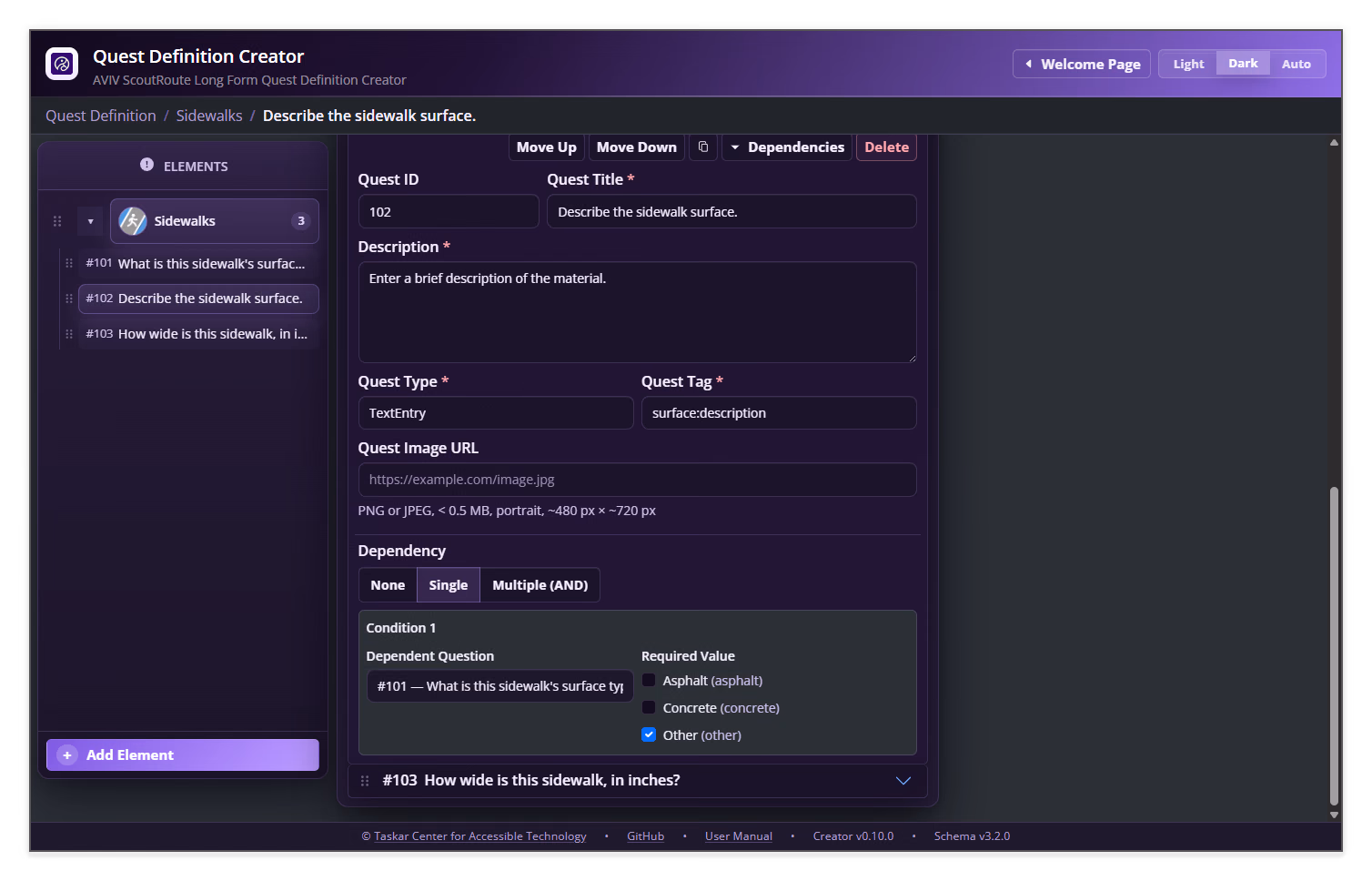 Quest Definition Creator dependency editor showing Single dependency mode, Dependent Question, and Required Value