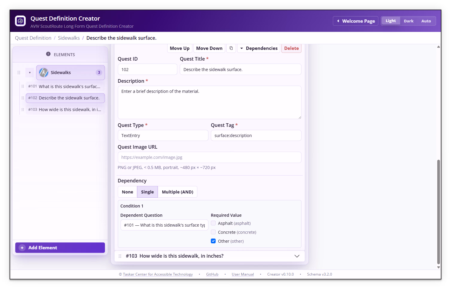 Quest Definition Creator dependency editor showing Single dependency mode, Dependent Question, and Required Value