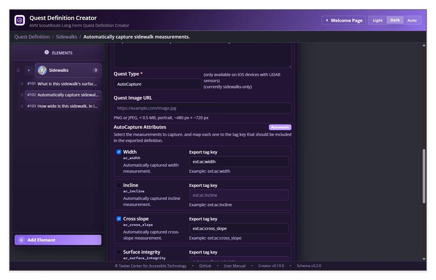 Quest Definition Creator AutoCapture Attributes editor showing selected measurements and their export tag keys