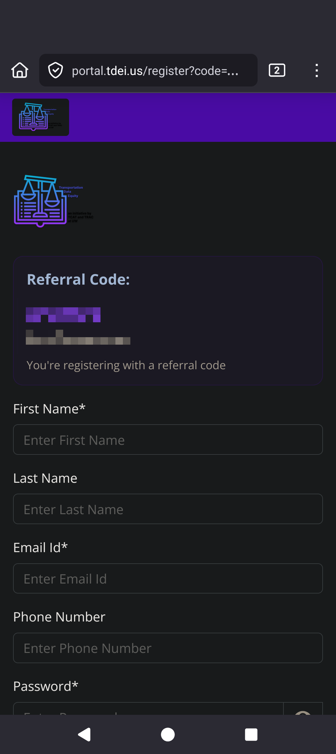 Android TDEI Portal referral register top