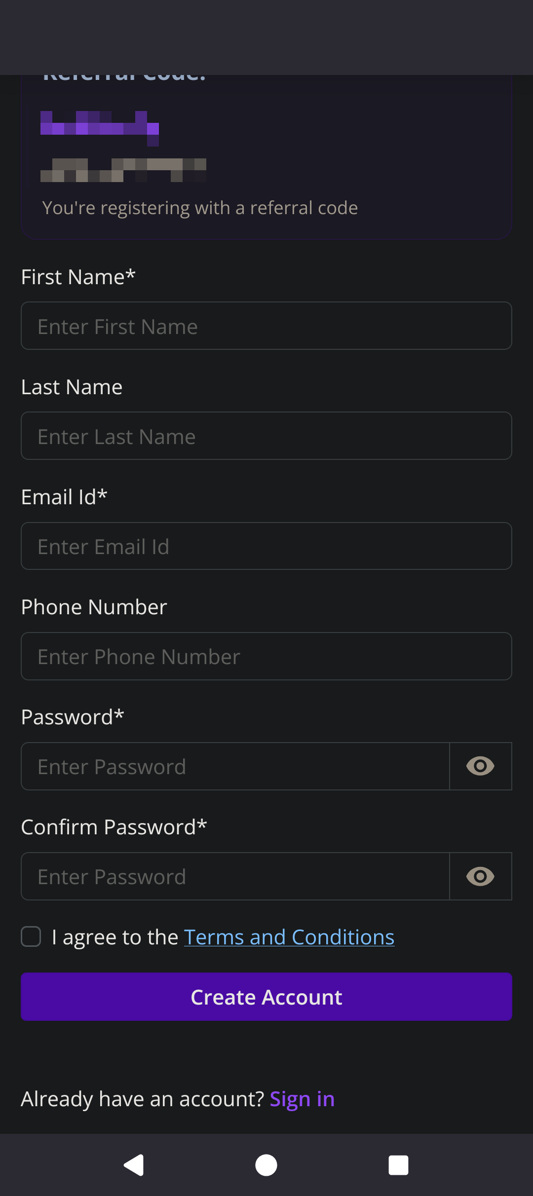 Android TDEI Portal referral register bottom