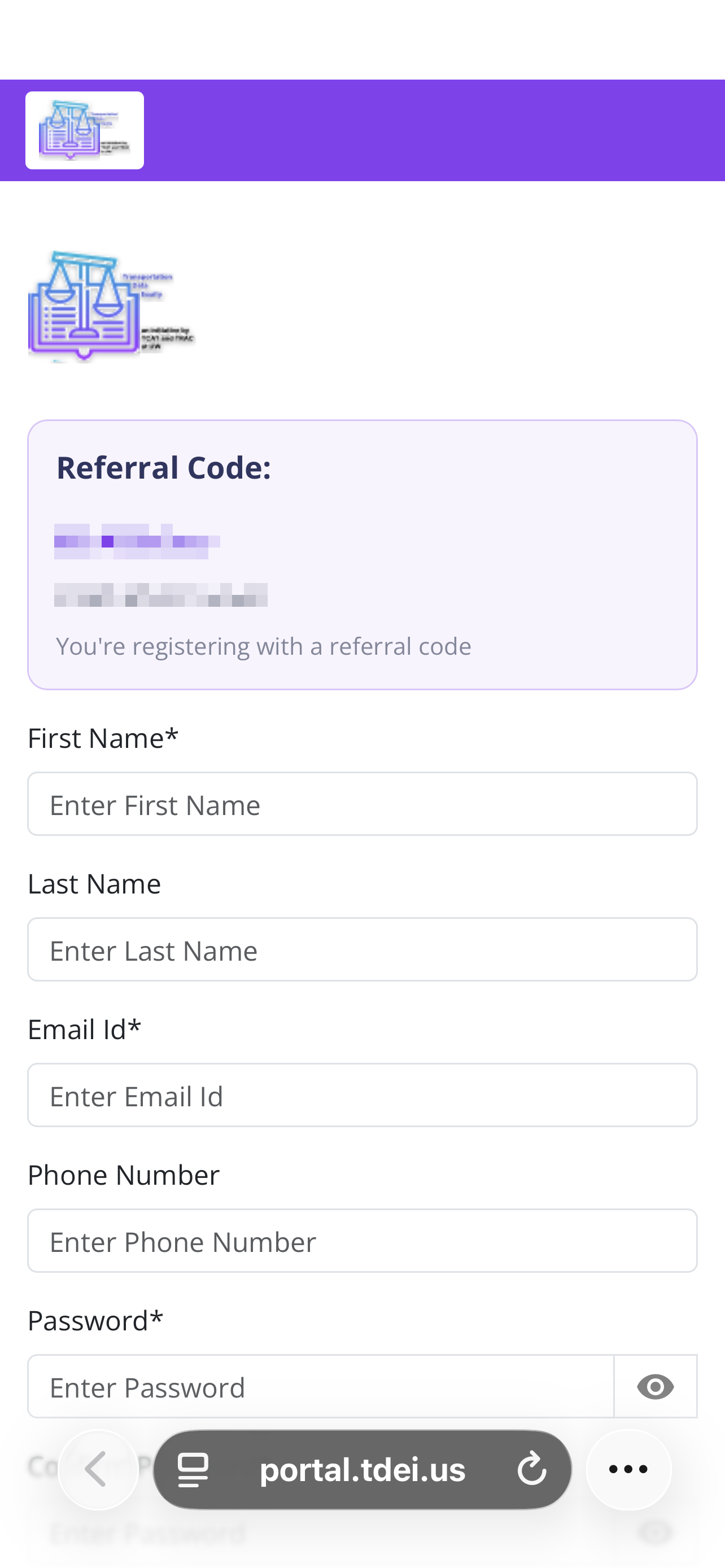 iOS TDEI Portal referral register top