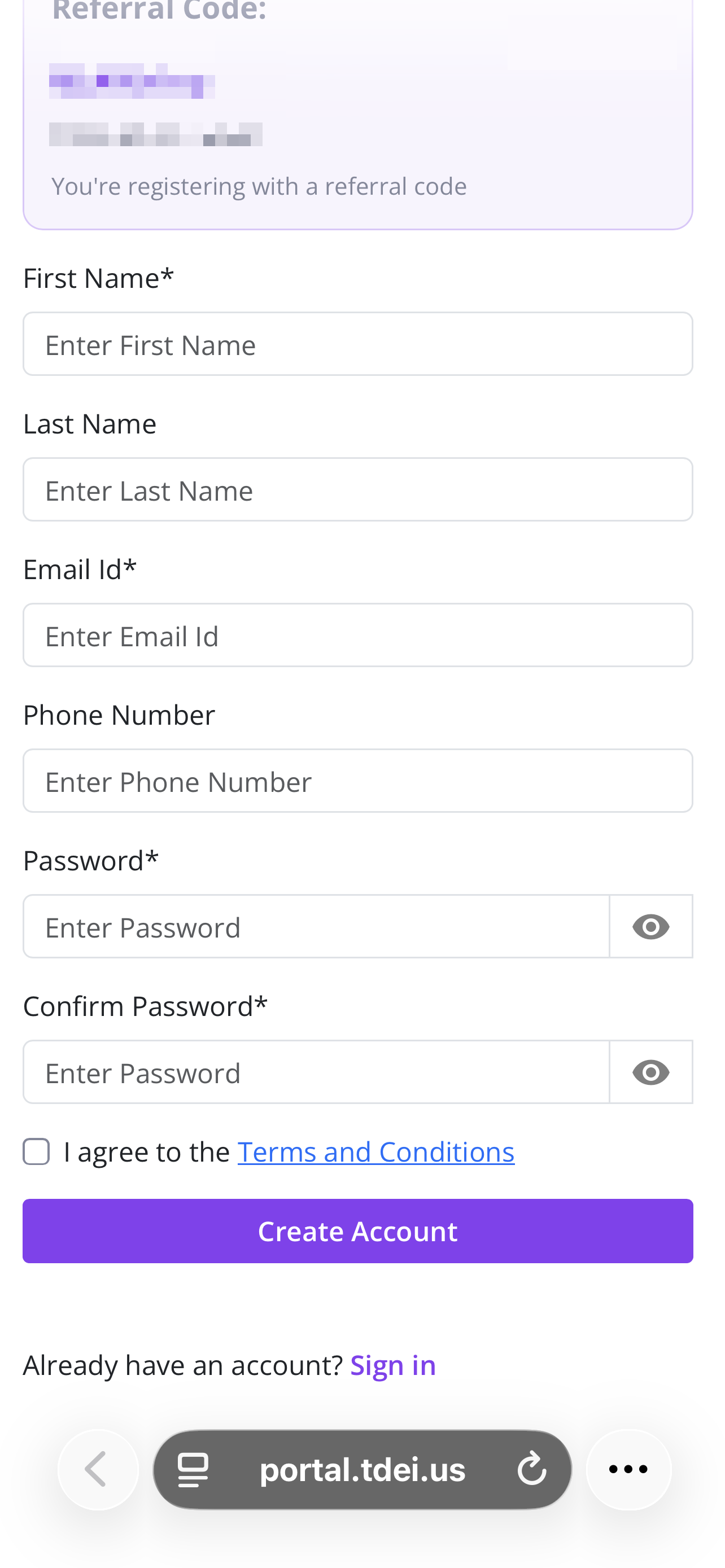 iOS TDEI Portal referral register bottom