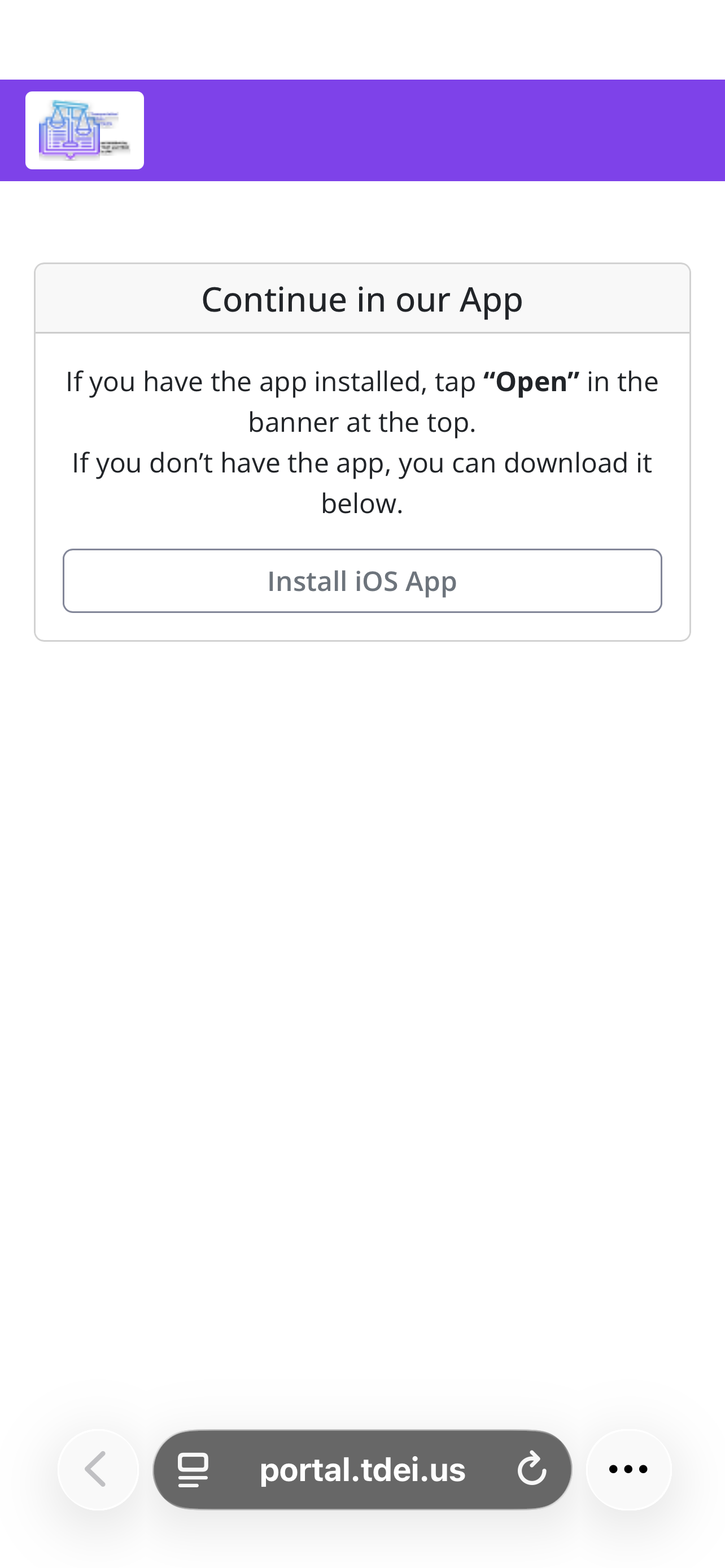 iOS TDEI Portal continue in our app install
