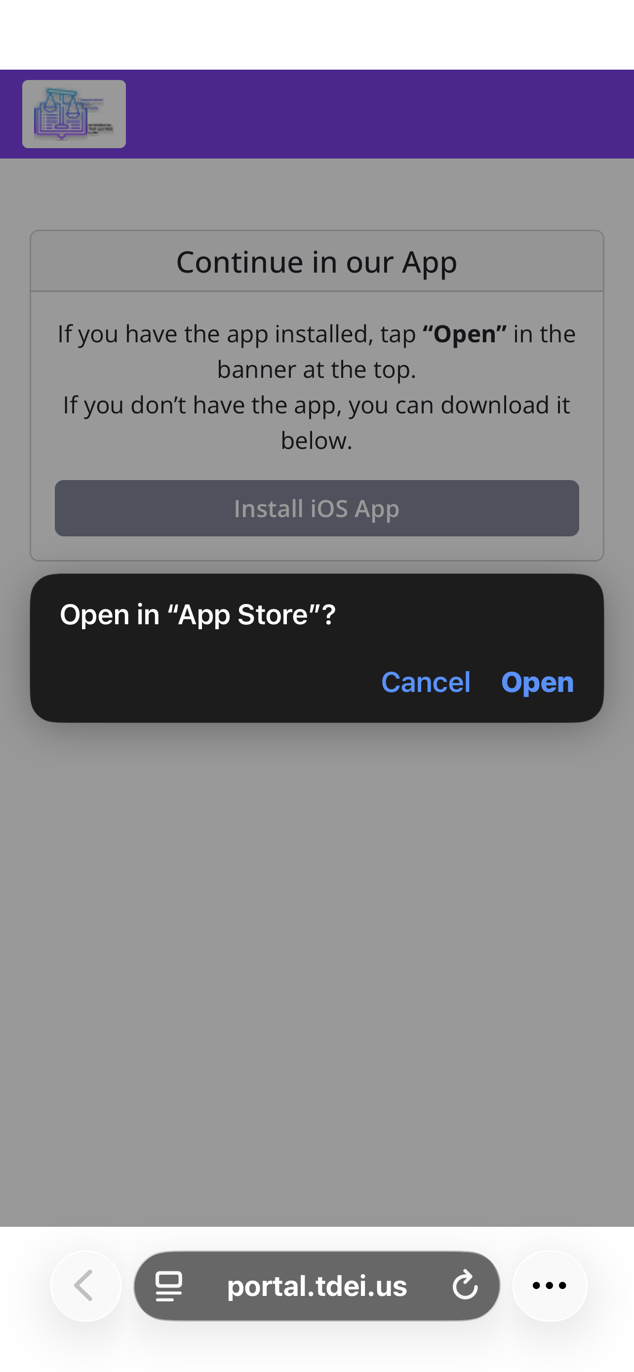 iOS TDEI Portal open in app store