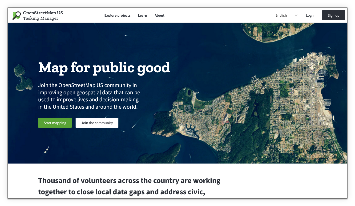 Screenshot of the OSM US Tasking Manager main landing page, showing a 'Map for Public Good' call to action