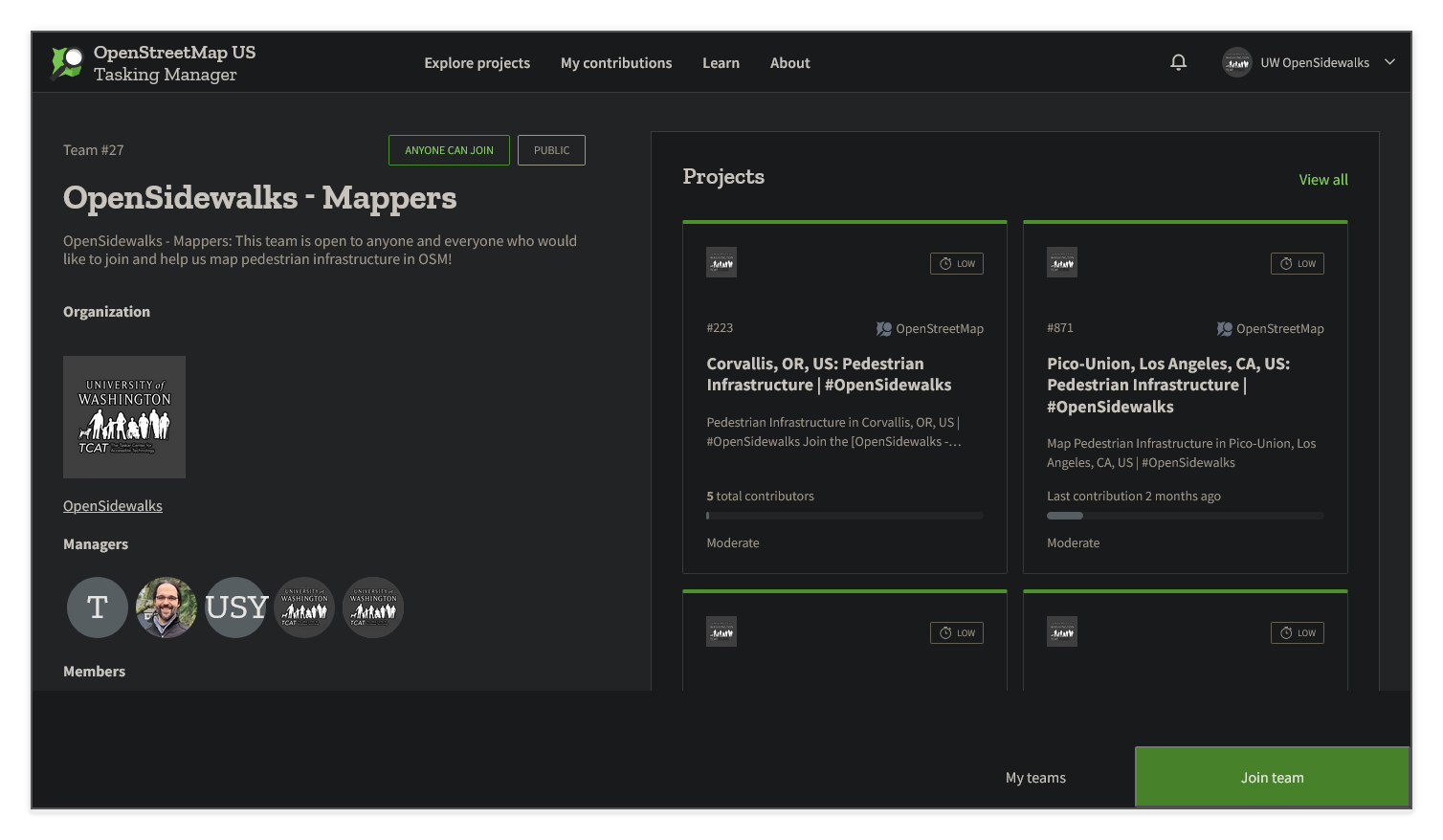 Screenshot of the OpenSidewalks Mappers team page in the OSM US Tasking Manager, showing the team description, organization logo, project cards, and a Join team button at the bottom right.