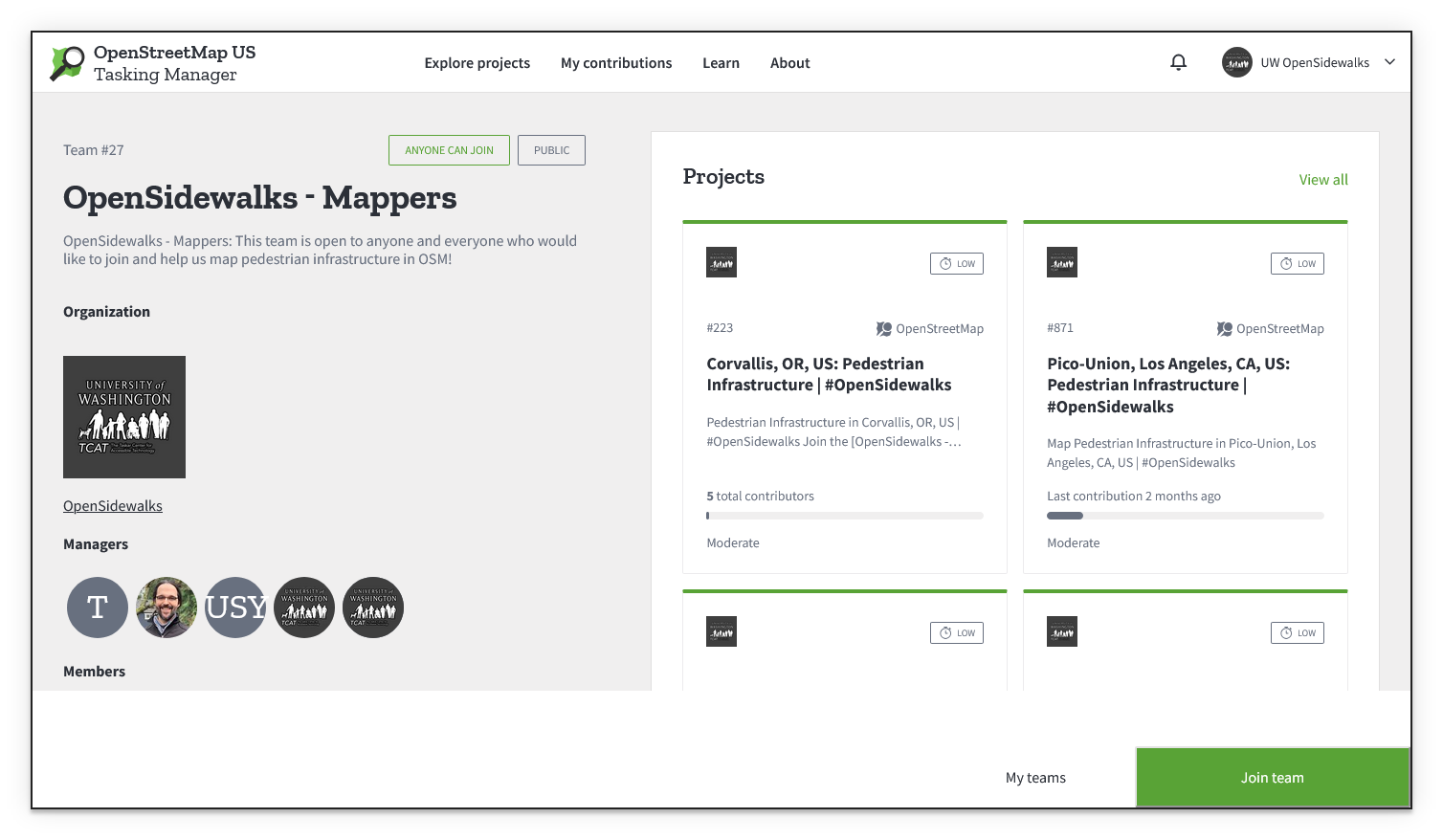Screenshot of the OpenSidewalks Mappers team page in the OSM US Tasking Manager, showing the team description, organization logo, project cards, and a Join team button at the bottom right.