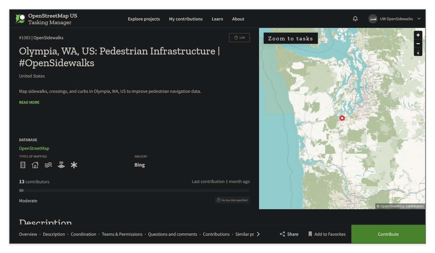 Screenshot of an OpenSidewalks pedestrian infrastructure project page in the OSM US Tasking Manager, showing the project title, description, contributor count, and a Contribute button at the bottom right.