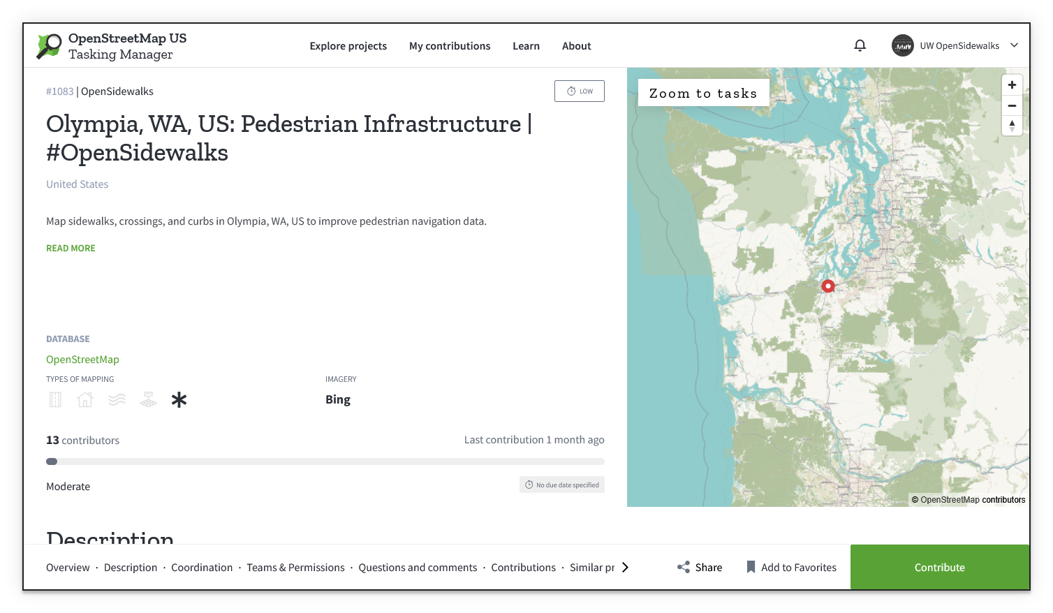 Screenshot of an OpenSidewalks pedestrian infrastructure project page in the OSM US Tasking Manager, showing the project title, description, contributor count, and a Contribute button at the bottom right.