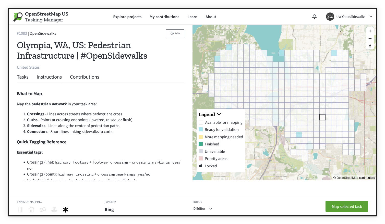 Screenshot of an OpenSidewalks project in the Tasking Manager with the task sidebar showing the Instructions tab, essential tags, and a Map selected task button at the bottom right.