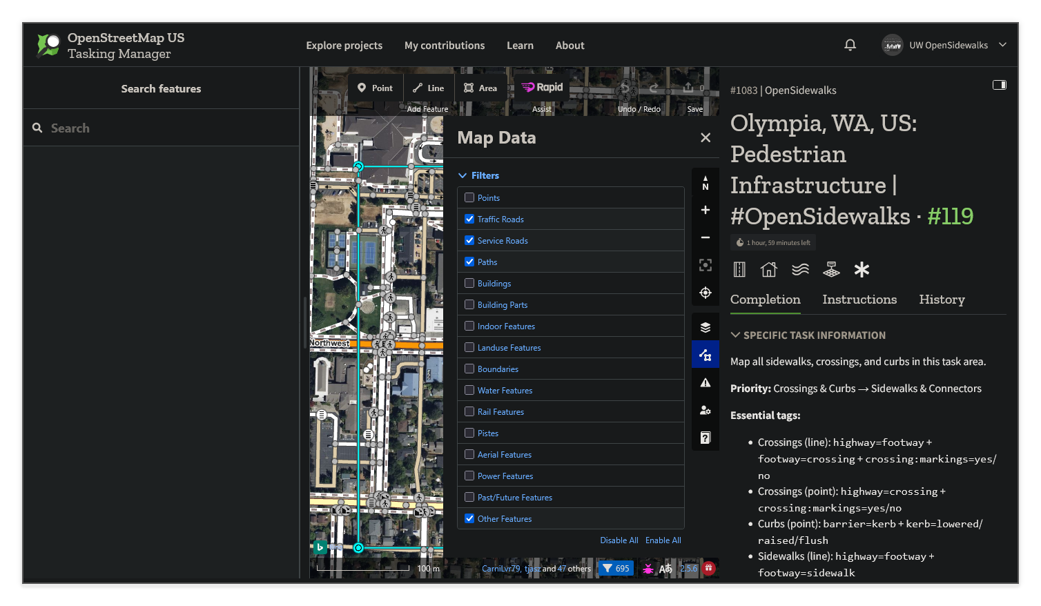 Screenshot of the Map Data panel in Rapid, with the Filters section expanded and only Traffic Roads, Service Roads, Paths, and Other Features checked.