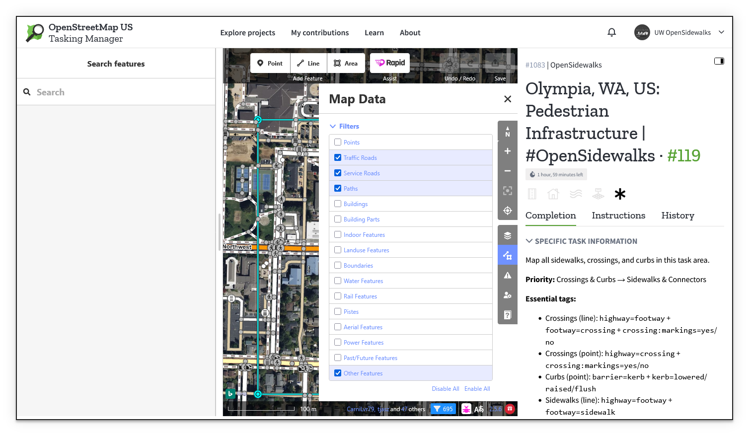 Screenshot of the Map Data panel in Rapid, with the Filters section expanded and only Traffic Roads, Service Roads, Paths, and Other Features checked.