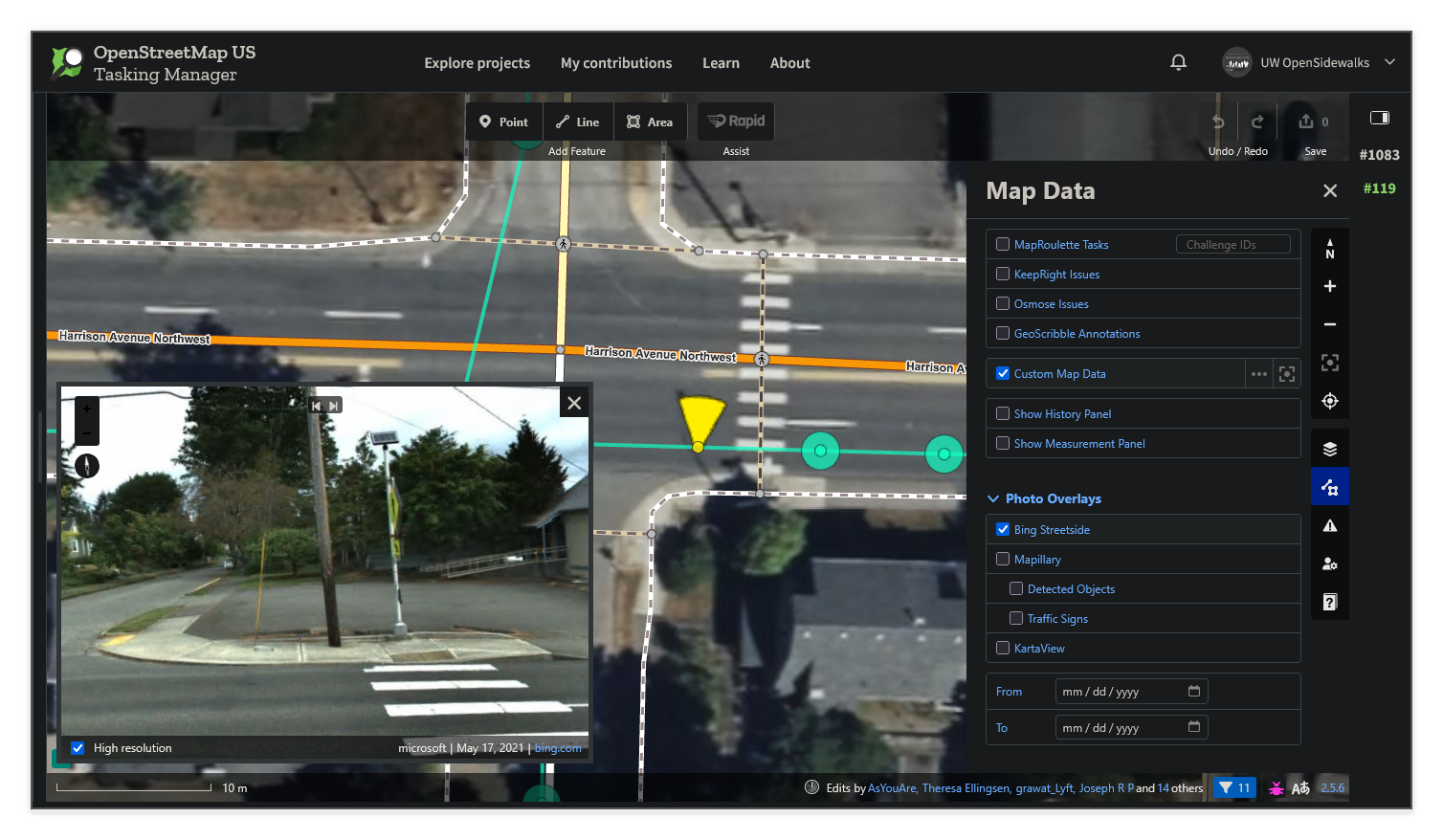 Screenshot of the Rapid editor with a Bing Streetside viewer open in the lower left showing a curb ramp, and the Map Data panel open on the right with Custom Map Data checked and Bing Streetside enabled under Photo Overlays.