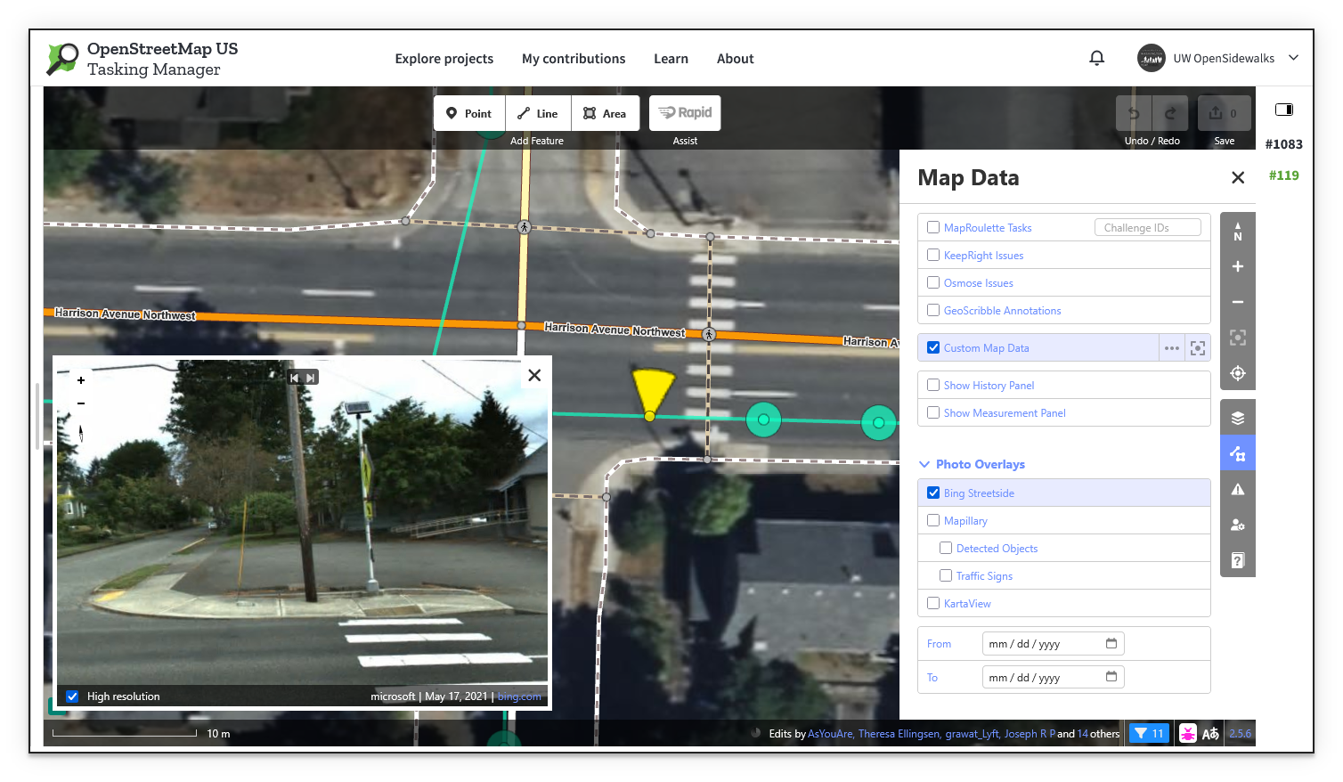 Screenshot of the Rapid editor with a Bing Streetside viewer open in the lower left showing a curb ramp, and the Map Data panel open on the right with Custom Map Data checked and Bing Streetside enabled under Photo Overlays.