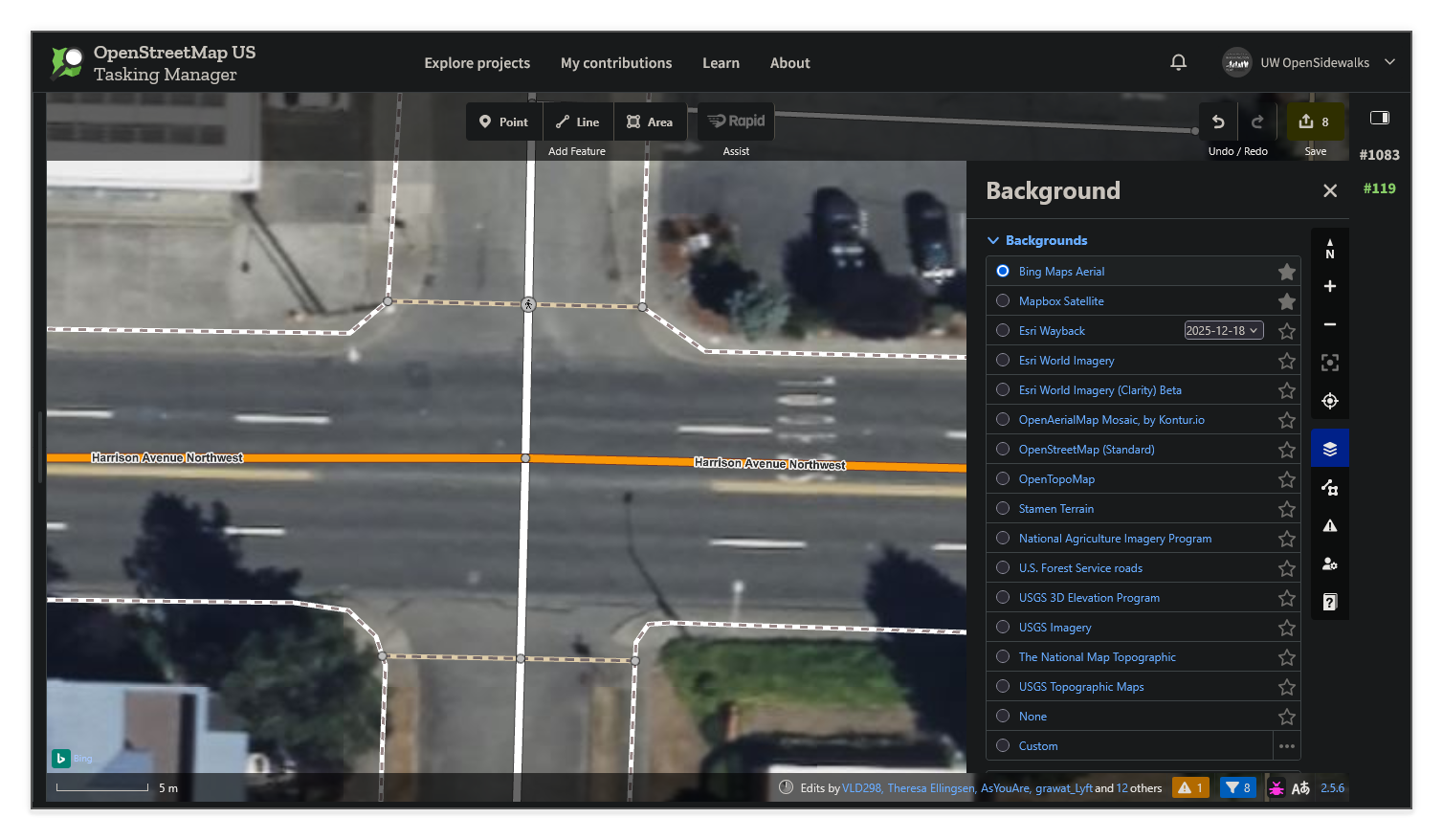 Rapid editor displaying Bing Maps Aerial background imagery, showing an aerial view of an intersection with existing sidewalk and crossing features.