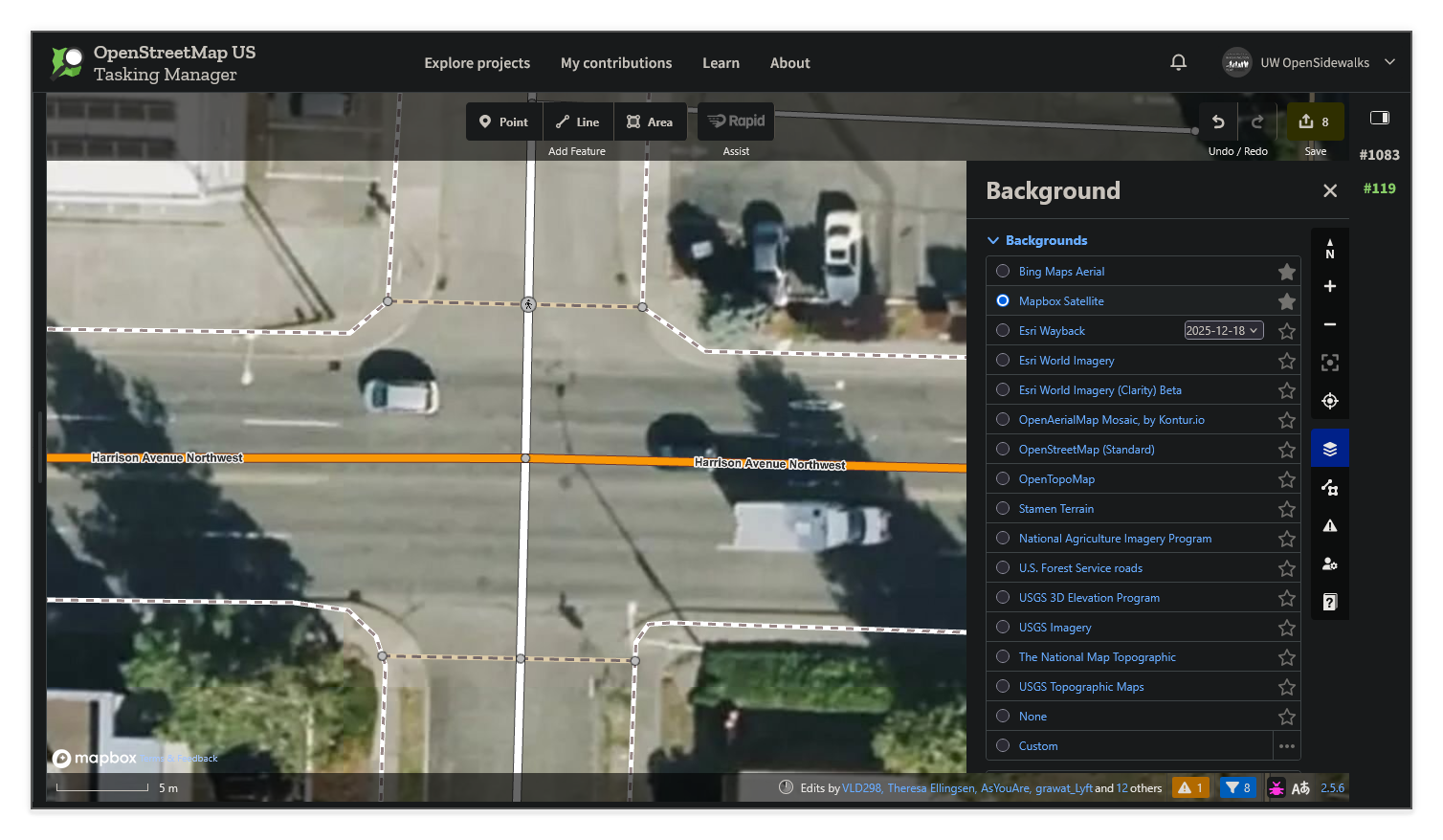 The same intersection as the left panel, this time displaying Mapbox Satellite background imagery, which may show higher or lower resolution depending on the area.