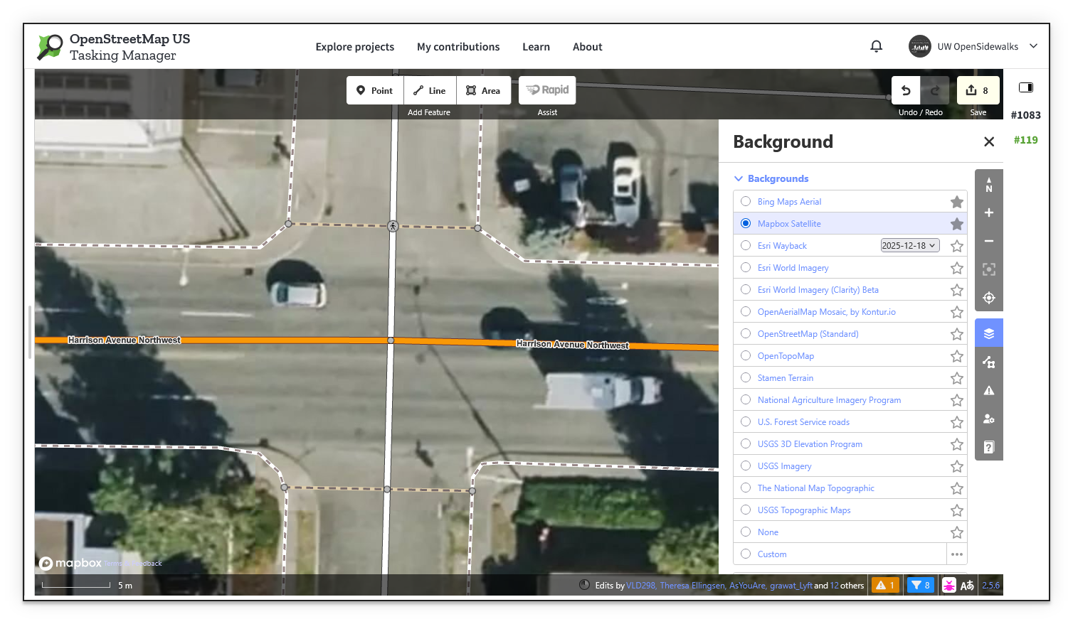 The same intersection as the left panel, this time displaying Mapbox Satellite background imagery, which may show higher or lower resolution depending on the area.