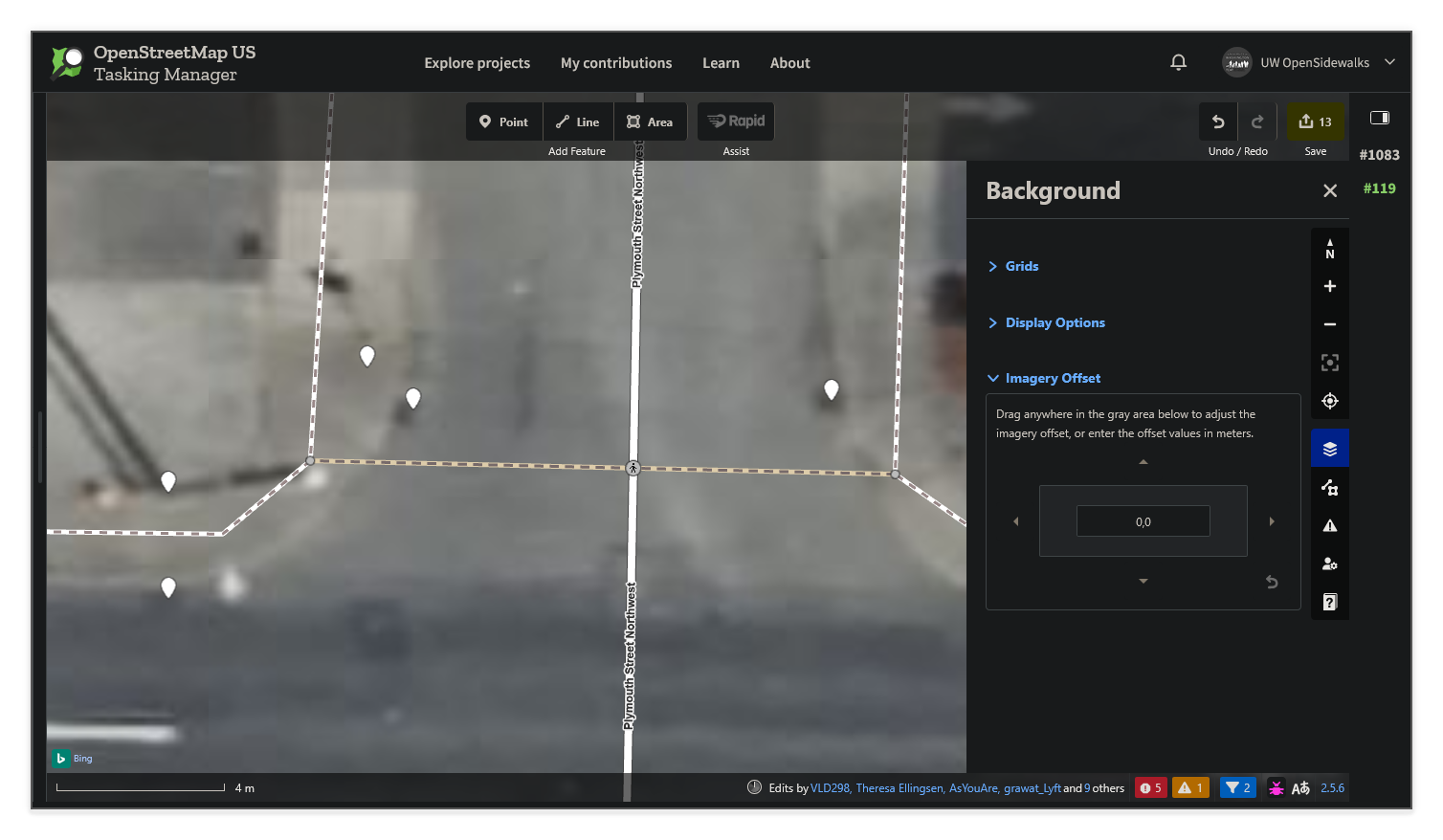 Rapid editor showing existing sidewalk and road features visibly offset from the Bing aerial imagery, with the Imagery Offset control showing 0,0.
