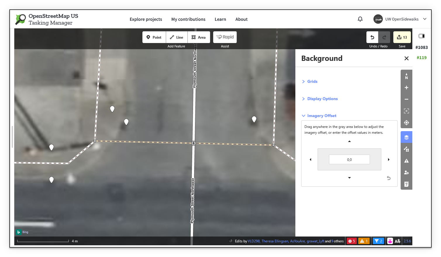 Rapid editor showing existing sidewalk and road features visibly offset from the Bing aerial imagery, with the Imagery Offset control showing 0,0.