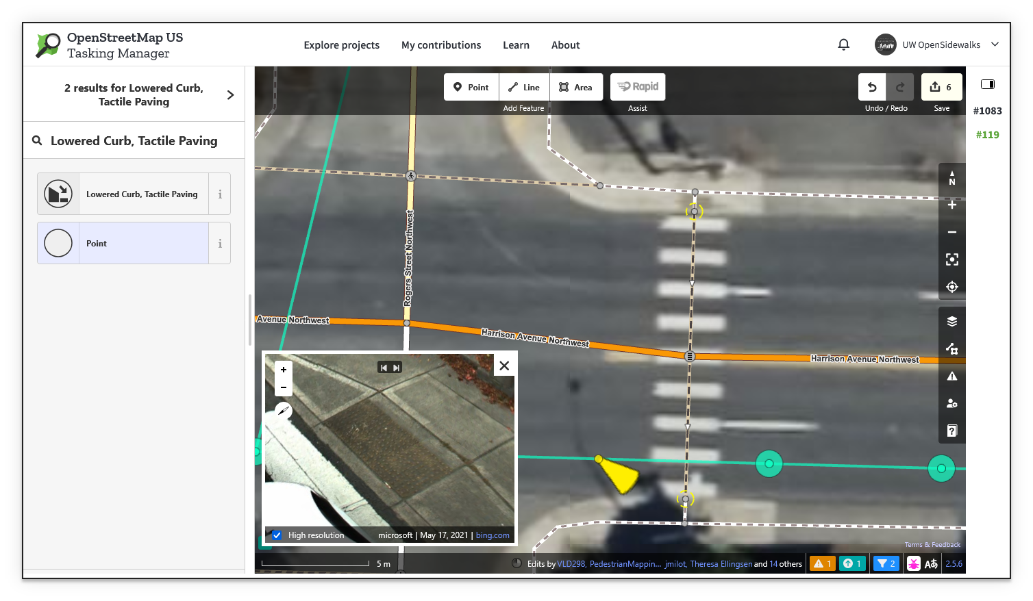 Screenshot of the Rapid editor with the feature search panel open showing results for "Lowered Curb, Tactile Paving", and a Bing Streetside viewer in the lower left showing a curb ramp with tactile paving at a crossing.