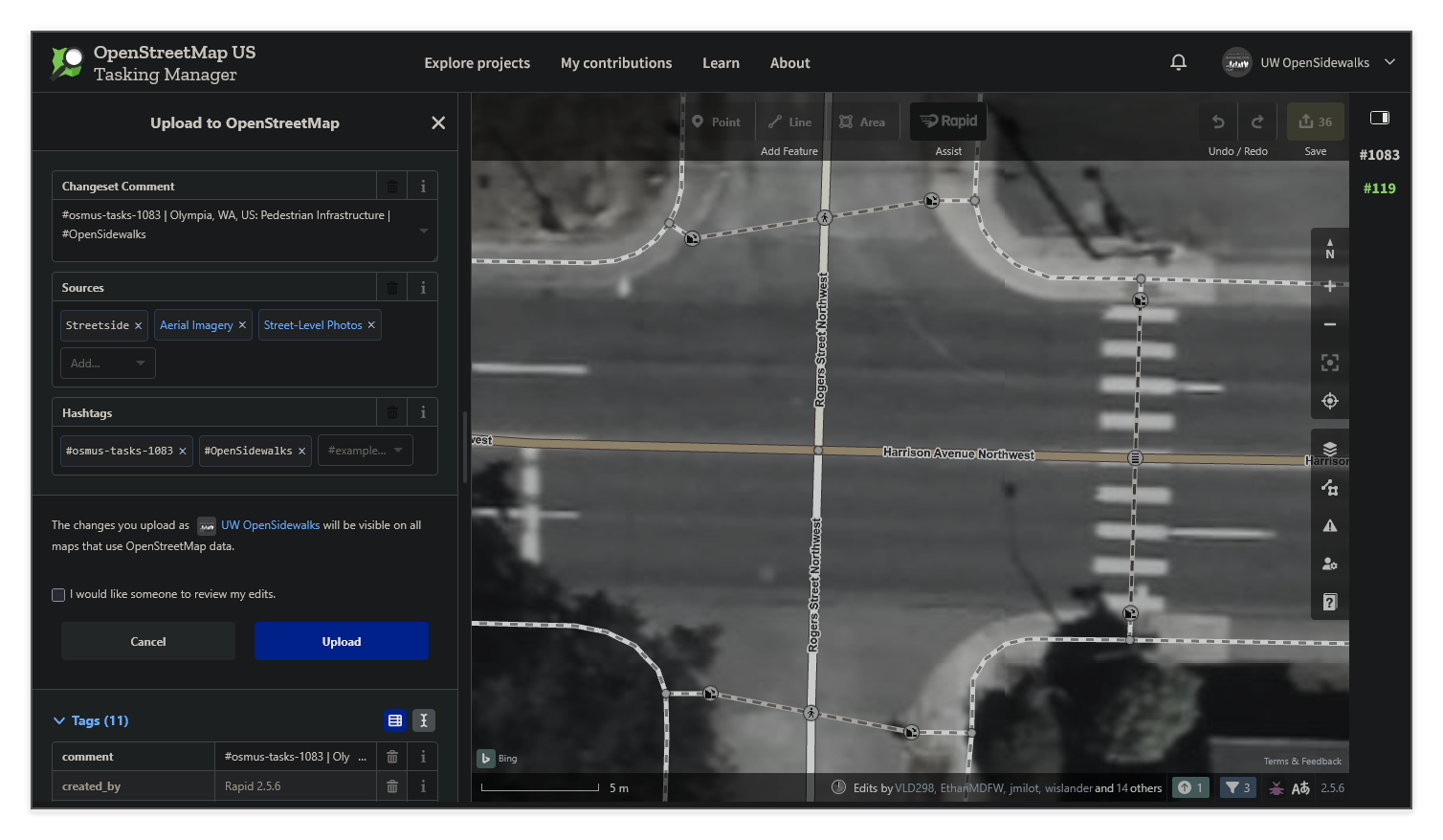 Screenshot of the Upload to OpenStreetMap dialog in Rapid, showing the pre-filled changeset comment with the Tasking Manager project name, the sources field with Streetside and Aerial Imagery selected, and the project hashtags.