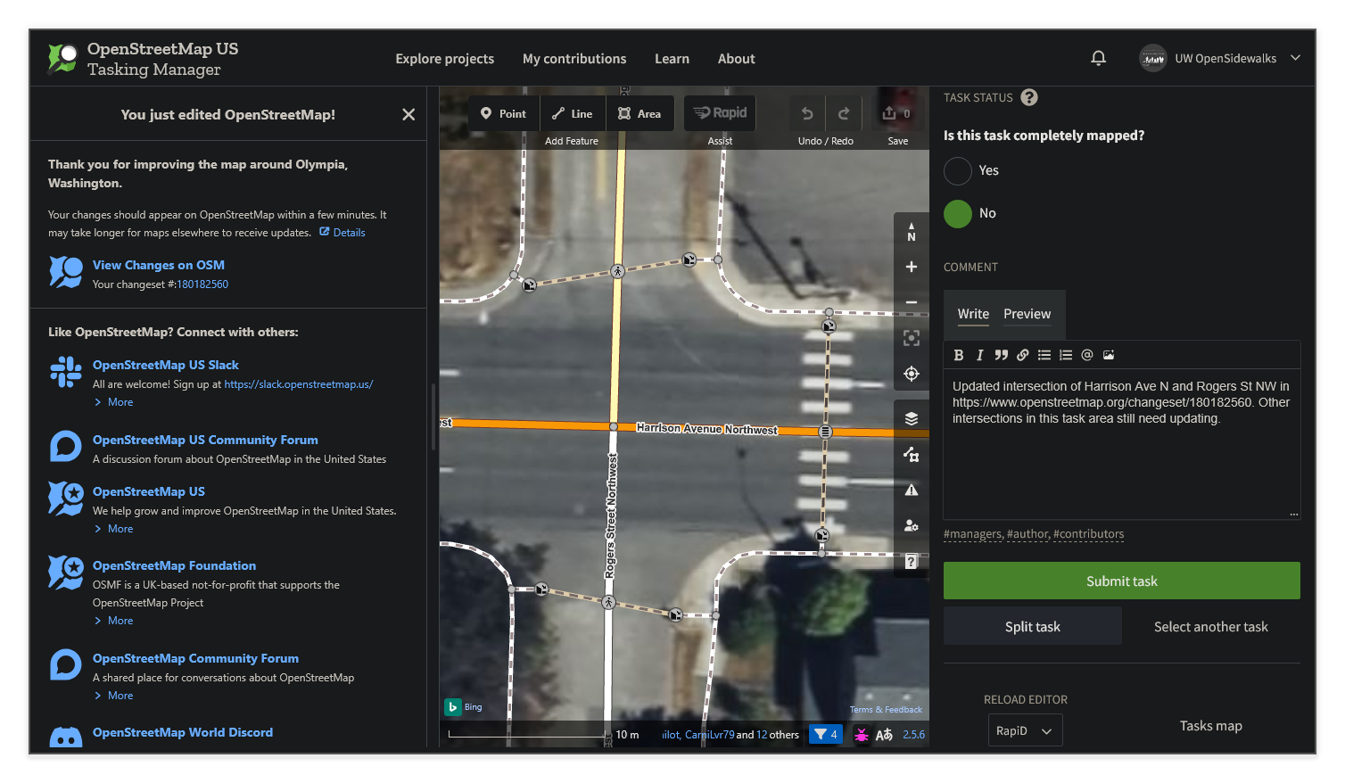 Screenshot of the Rapid editor after a successful save, showing the "You just edited OpenStreetMap!" confirmation on the left with a link to the changeset, and the Tasking Manager task completion panel on the right with Yes/No options and a Submit task button.