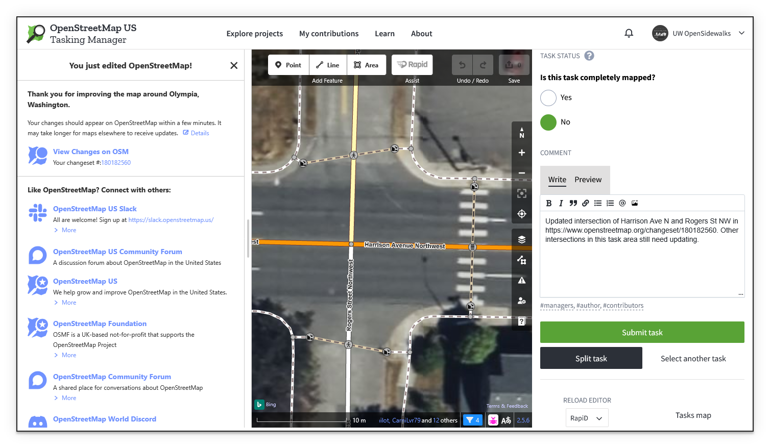 Screenshot of the Rapid editor after a successful save, showing the "You just edited OpenStreetMap!" confirmation on the left with a link to the changeset, and the Tasking Manager task completion panel on the right with Yes/No options and a Submit task button.