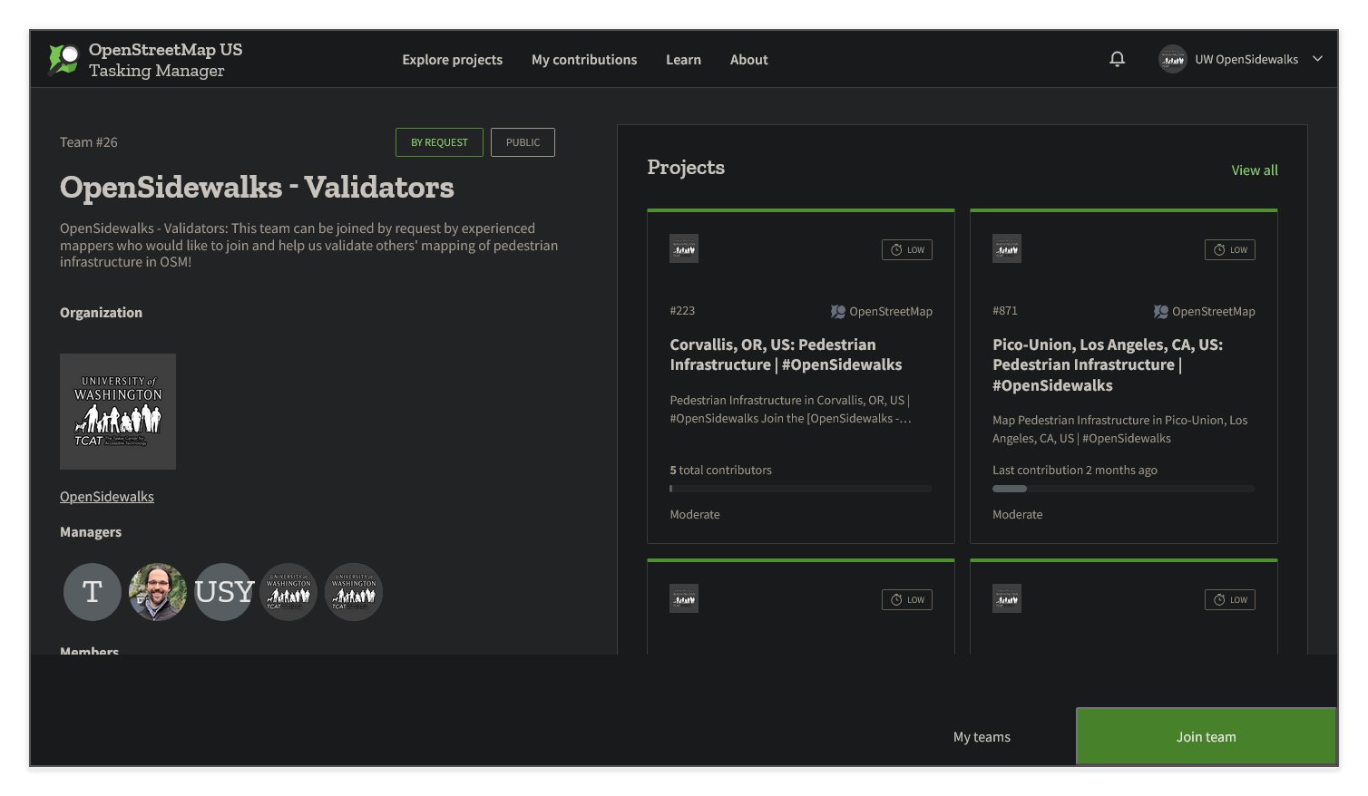 Screenshot of the OpenSidewalks Validators team page in the OSM US Tasking Manager, showing the team description, organization logo, project cards, and a Join team button at the bottom right.