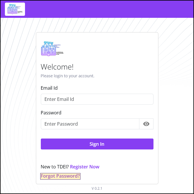 Screenshot of TDEI Portal Login page with "Forgot Password?" highlighted.