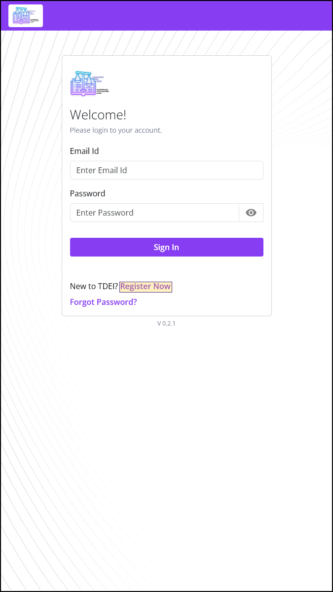 TDEI Portal login page, "Register Now" highlighted