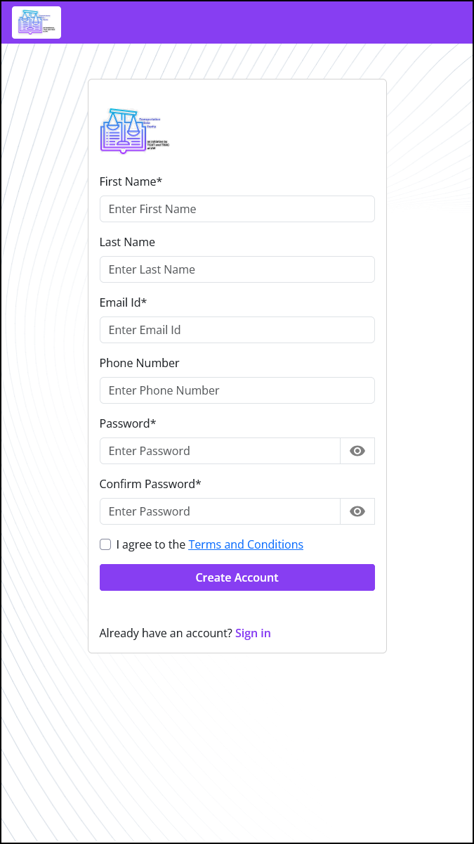 TDEI Portal register page