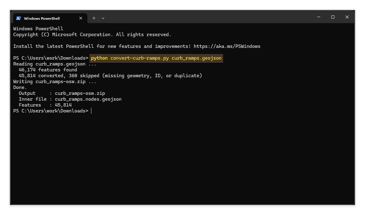 Terminal with convert-curb-ramps.py run
