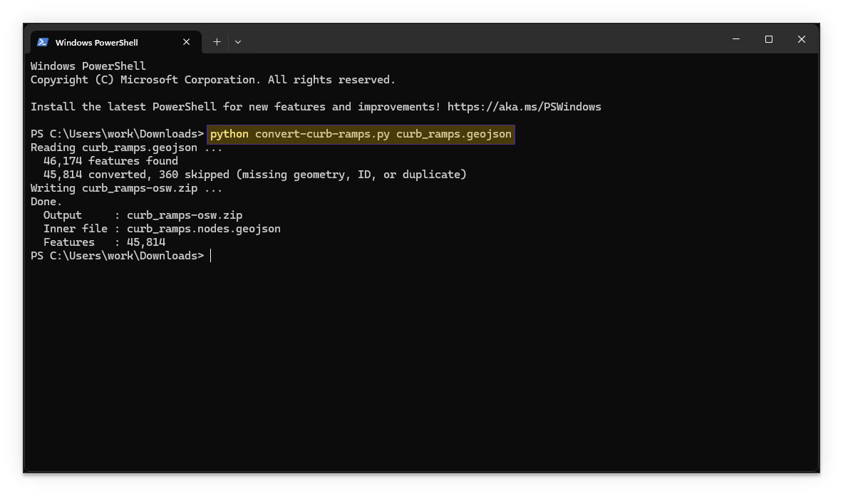 Terminal with convert-curb-ramps.py run