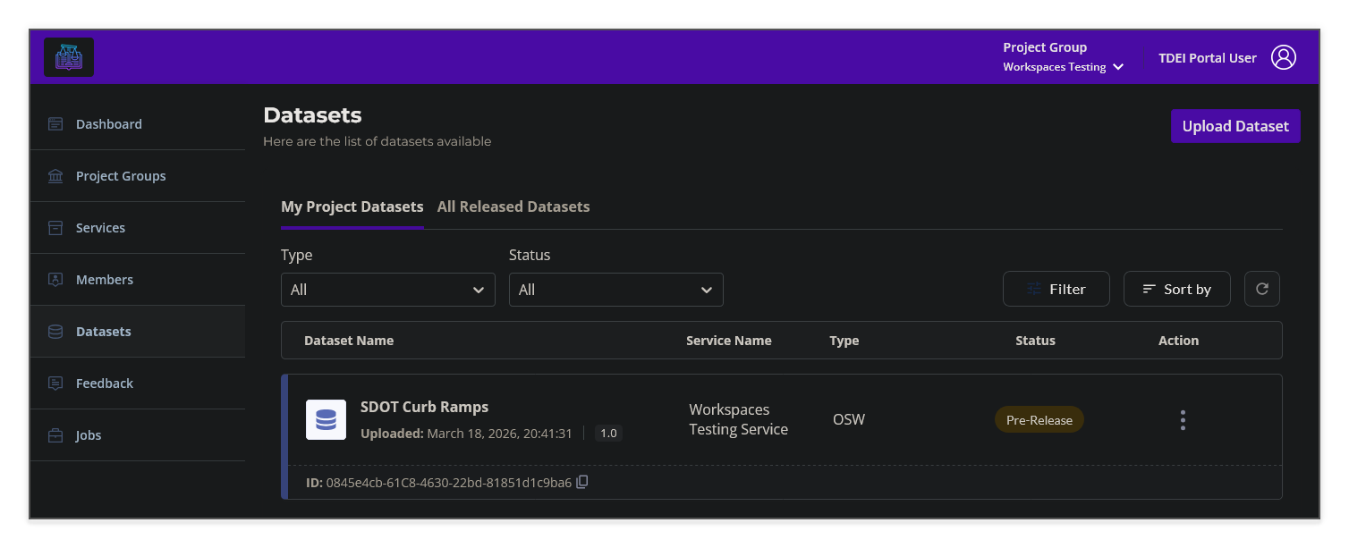 TDEI Portal Datasets page