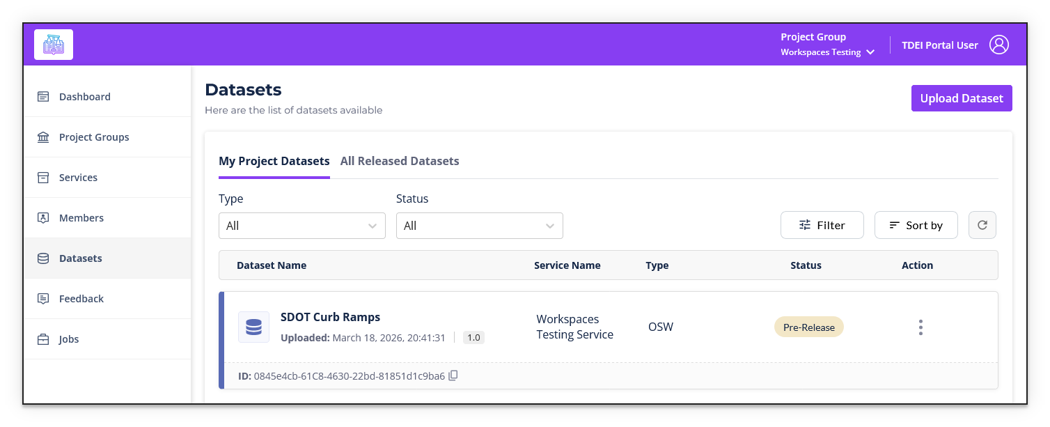 TDEI Portal Datasets page