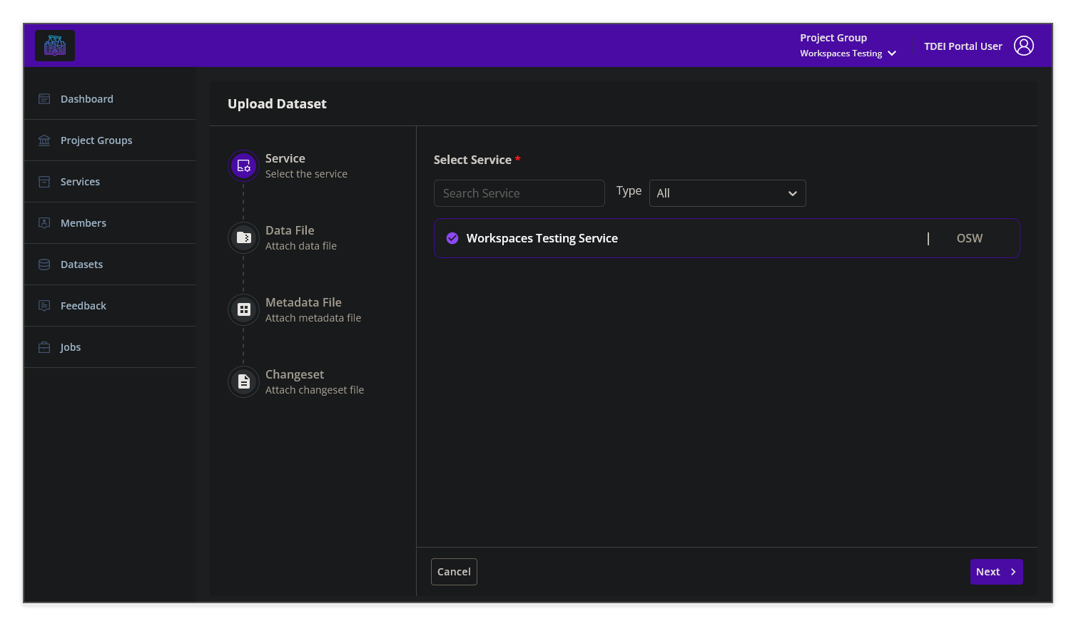 Upload Dataset — Select Service step