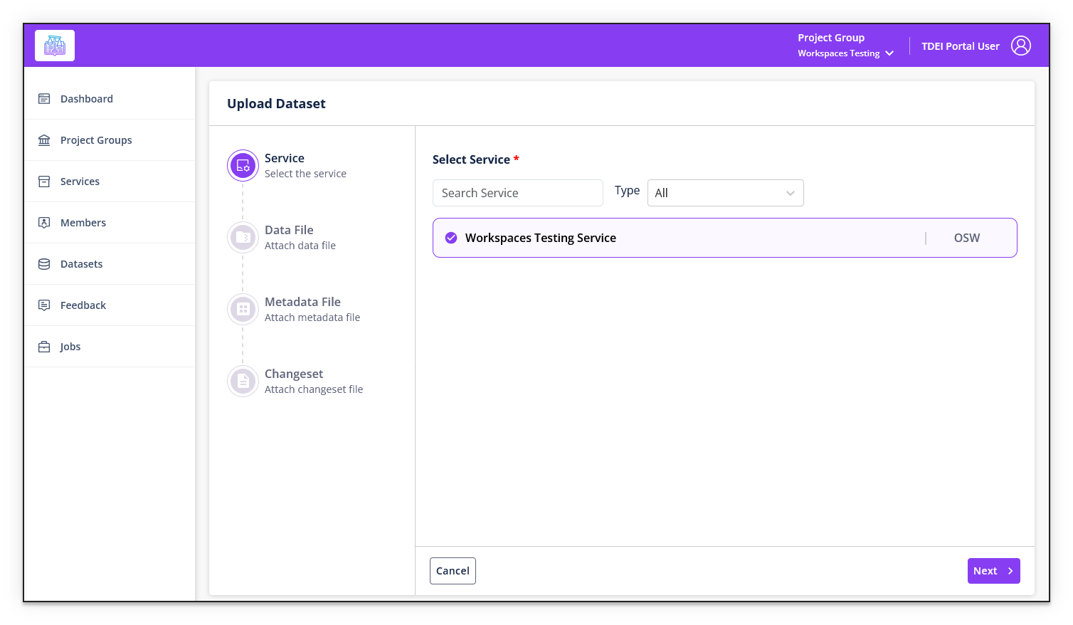 Upload Dataset — Select Service step