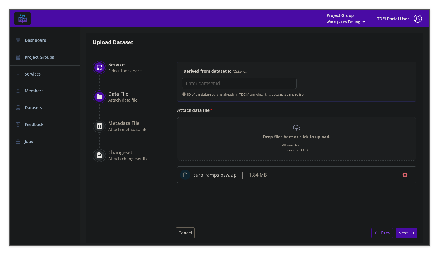 Upload Dataset — Data File and Metadata step