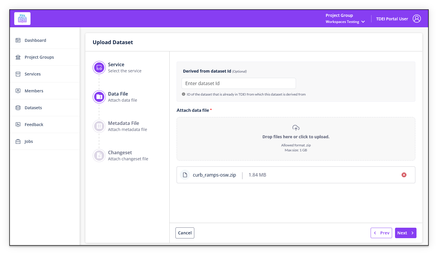 Upload Dataset — Data File and Metadata step