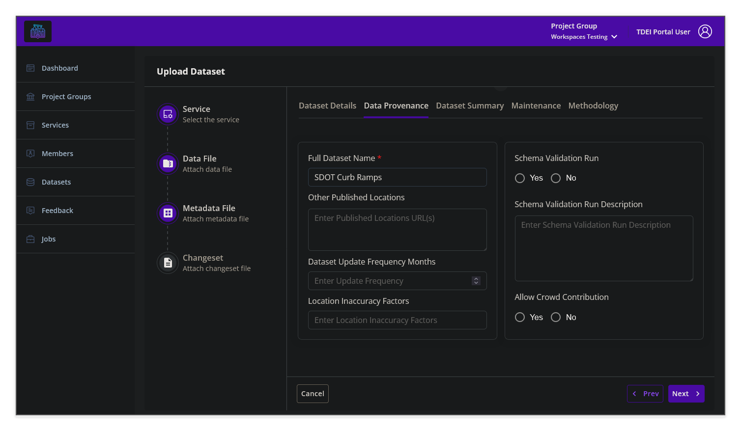 Upload Dataset — Data Provenance tab