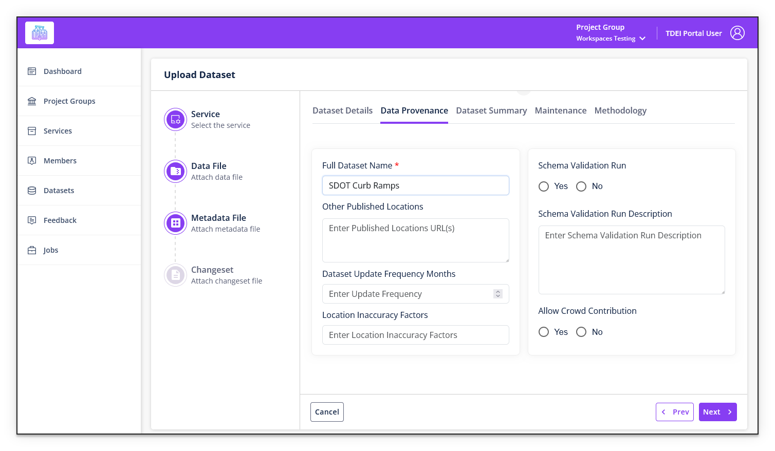 Upload Dataset — Data Provenance tab