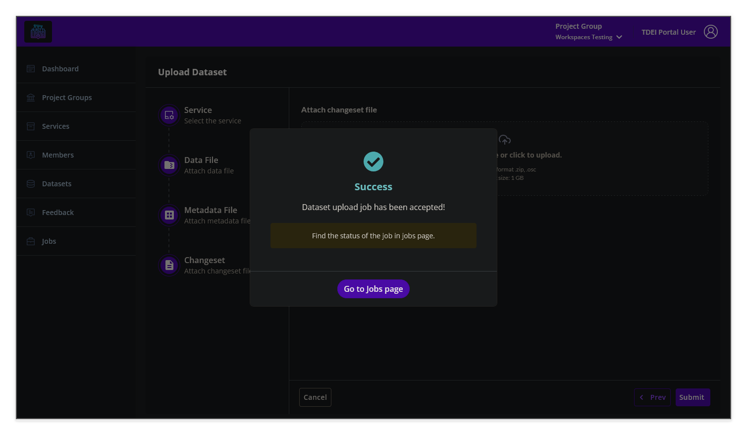 Upload Dataset — Success popup