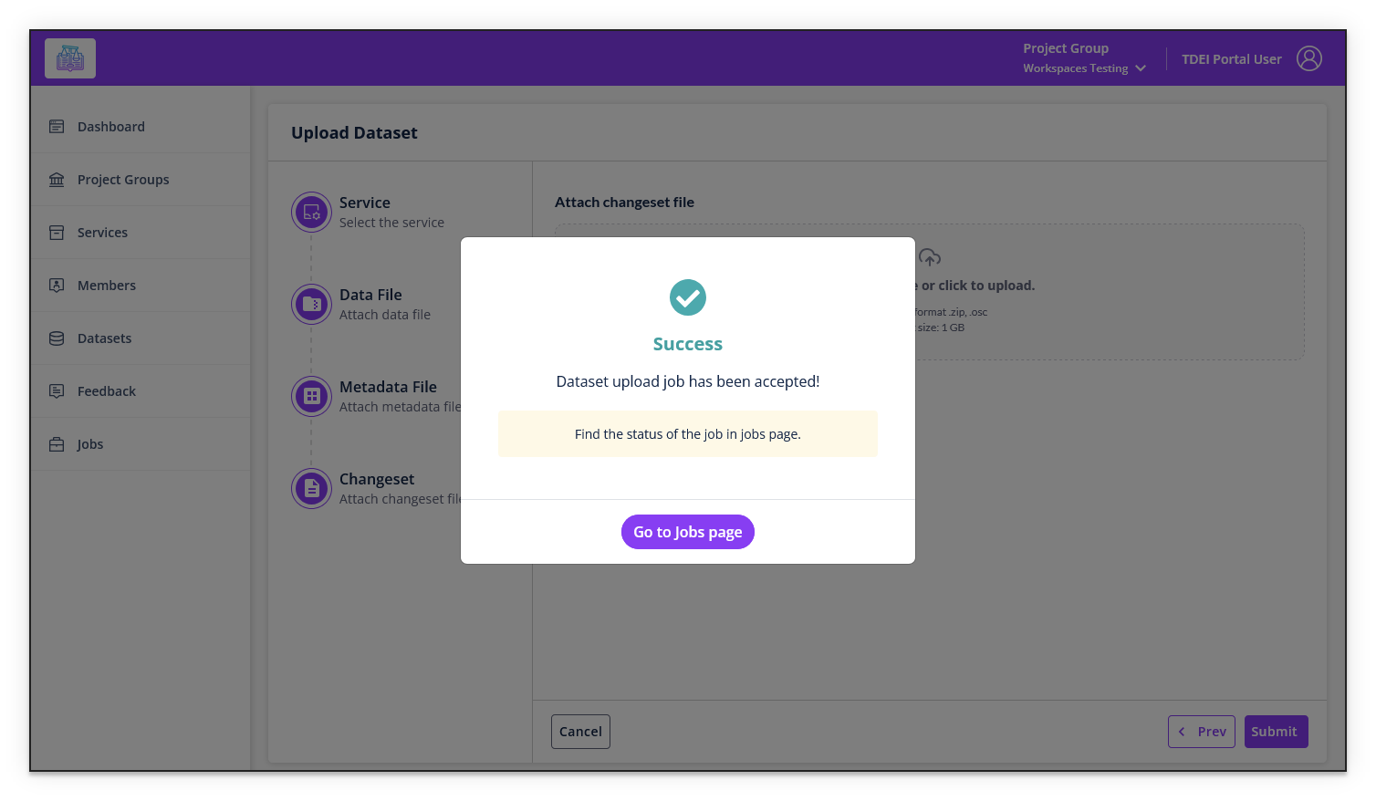 Upload Dataset — Success popup